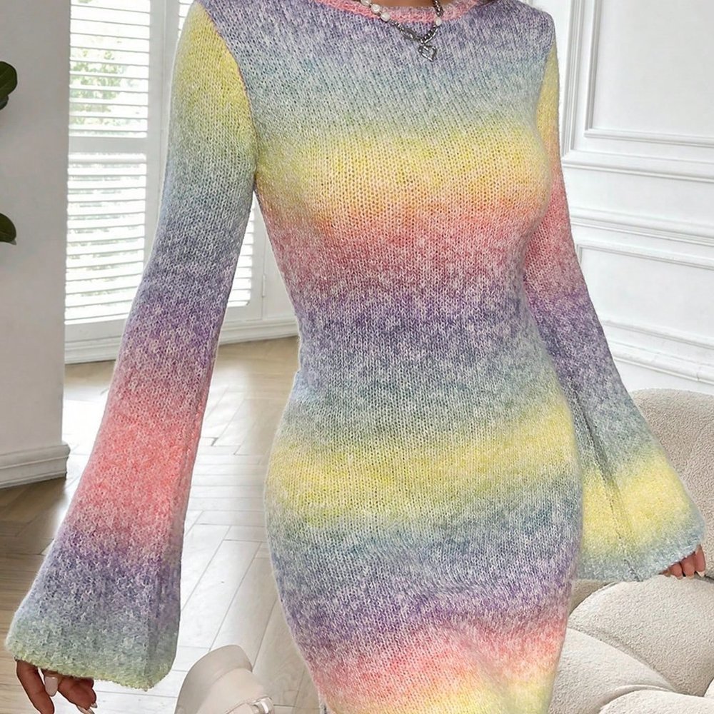 Multicolor Casual Womens Ombre Backless Flounce Sleeve Sweater Dress - Picture 4 of 5